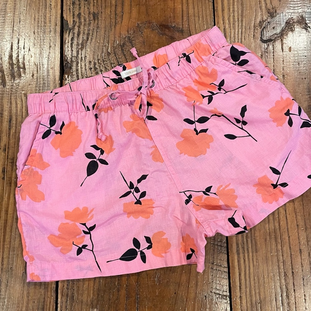 Cynthia Rowley 100 Linen Floral Shorts Pink Orange Elastic Waist Pockets Medium